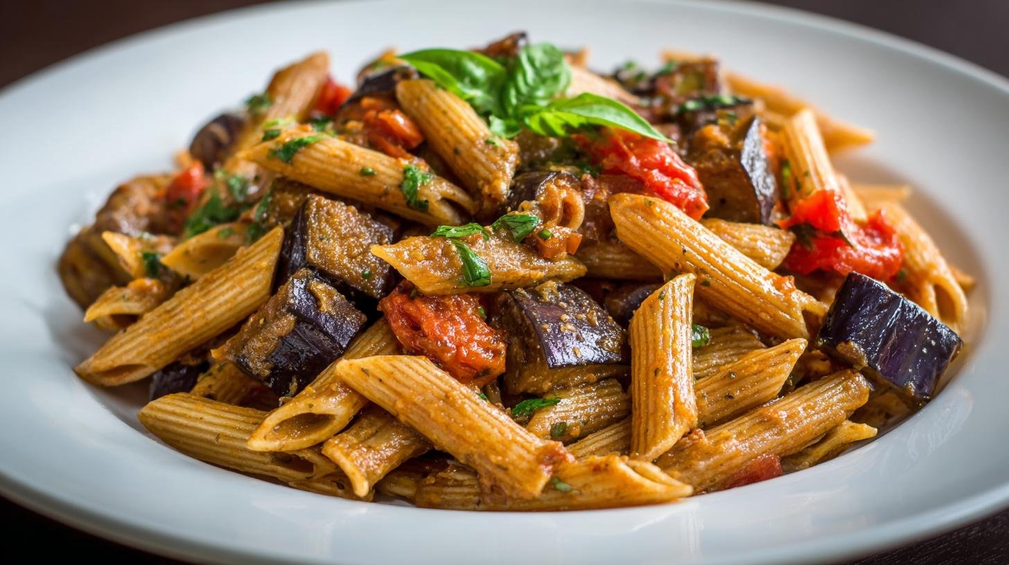 Penne integrali con melanzane e sugo veloce. Preparazione passo dopo passo