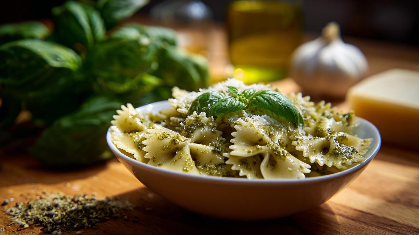 Farfalle con pesto di basilico semplice per principianti. Ingredienti essenziali Farfalle con pesto di basilico semplice per principianti. Ingredienti essenziali