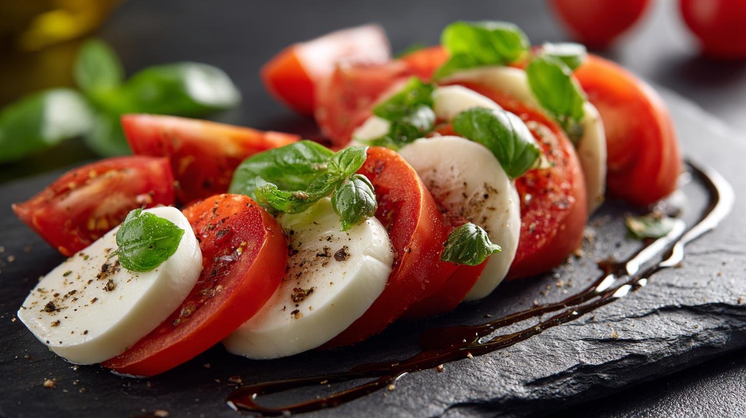 Insalata caprese con mozzarella pomodori freschezza immediata. Ingredienti essenziali e dosi