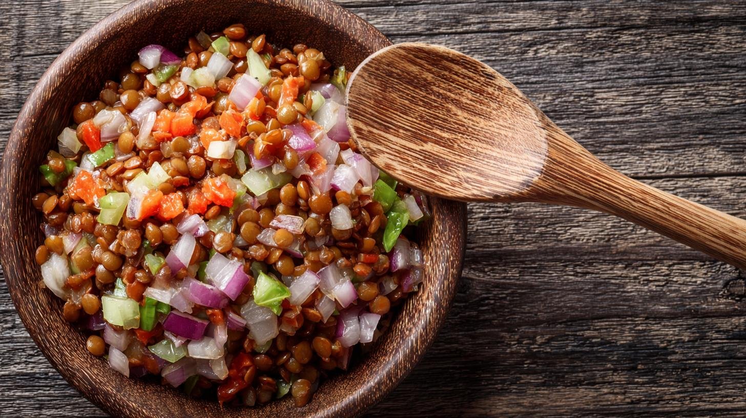 Insalata di lenticchie e cipolla nutriente quotidiana. Ingredienti essenziali