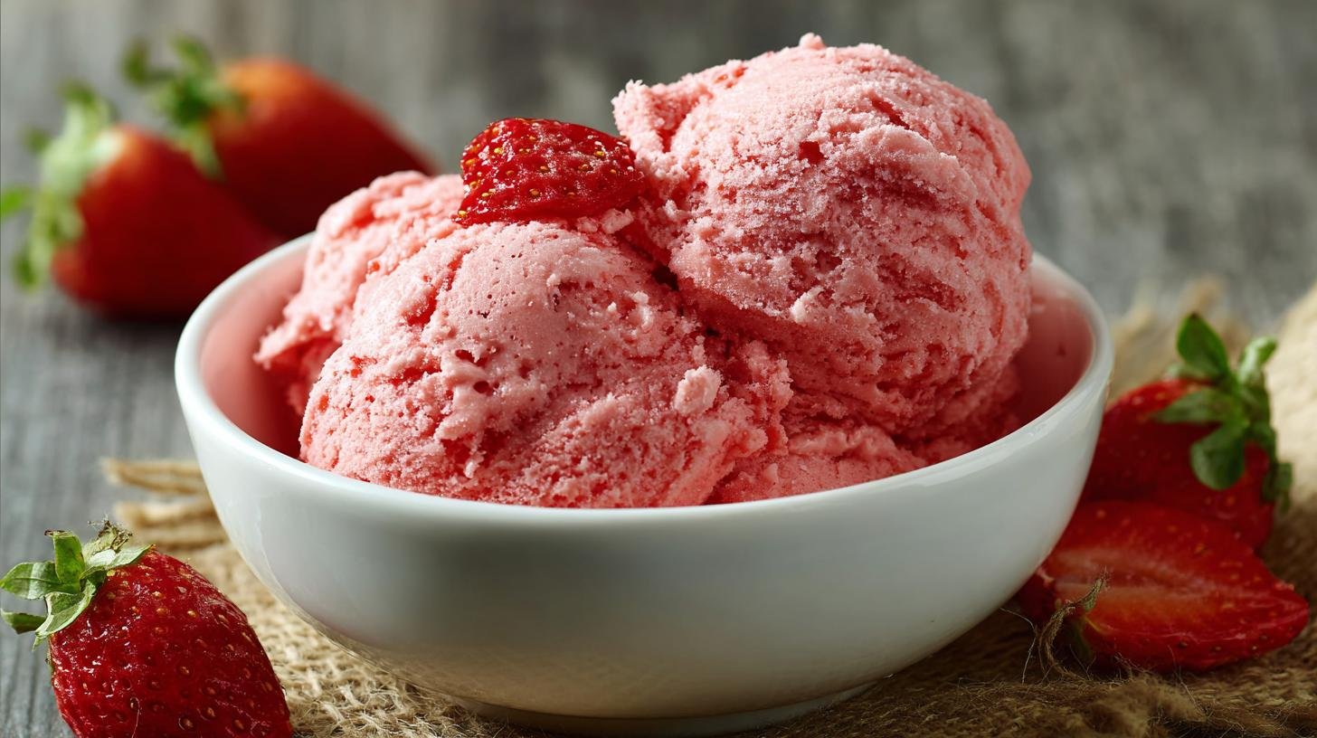 Gelato alla fragola espresso fresco pochi minuti. Servire e conservare al meglio