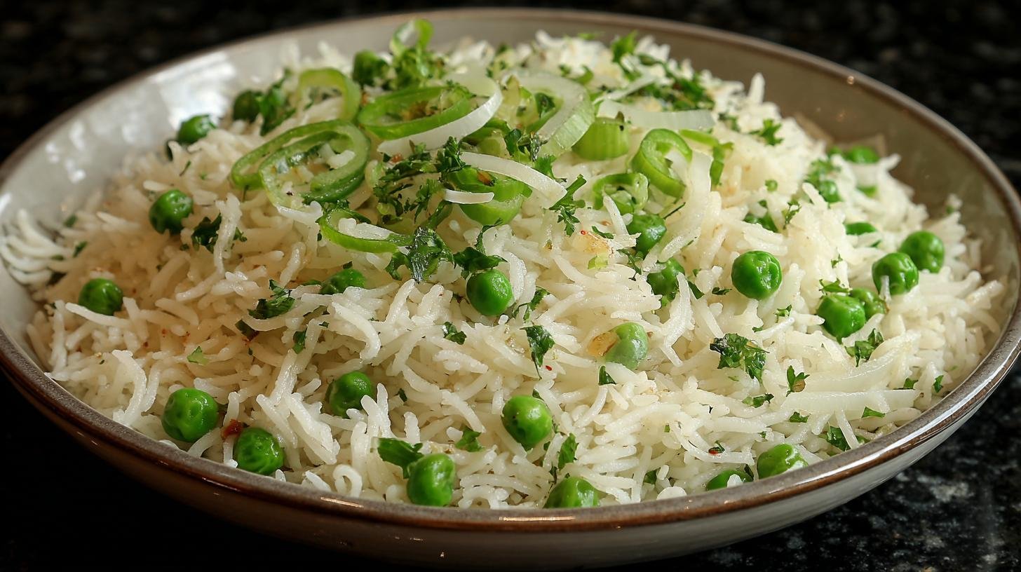 Riso basmati con piselli e cipolla economico e rapido. Ingredienti essenziali Riso basmati con piselli e cipolla economico e rapido. Ingredienti essenziali