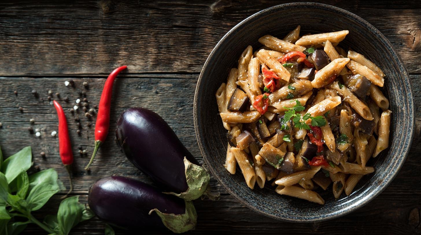 Penne integrali con melanzane e sugo veloce. Ingredienti essenziali