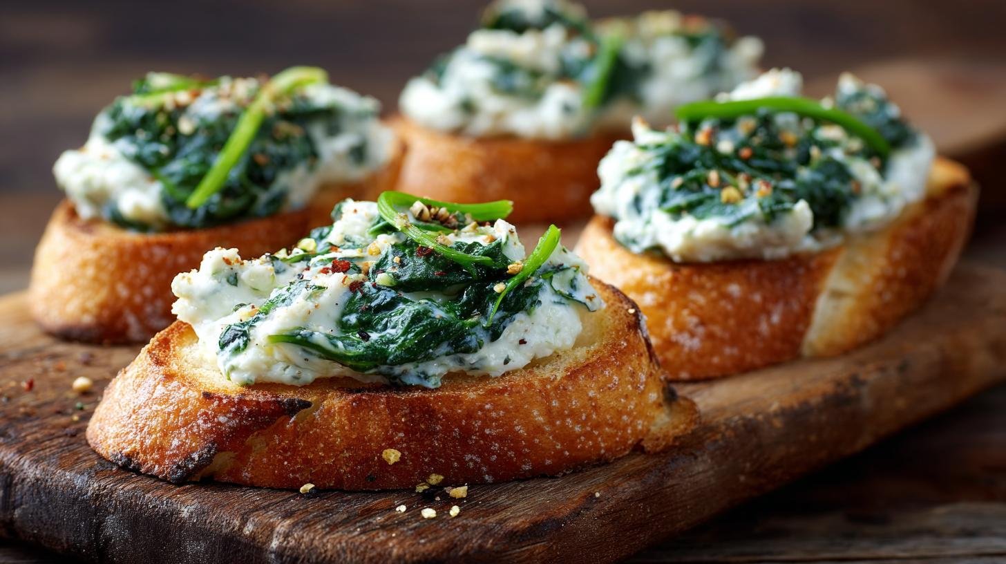 Crostini con ricotta spinaci cremosi risolvono aperitivo. Ingredienti essenziali Crostini con ricotta spinaci cremosi risolvono aperitivo. Ingredienti essenziali