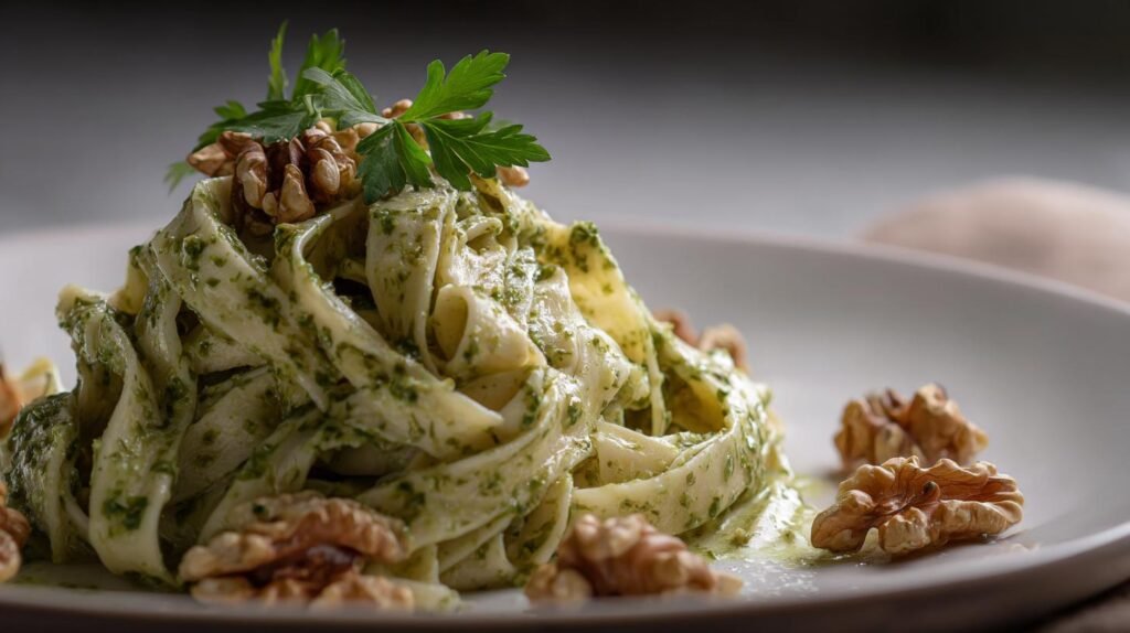 Tagliatelle al pesto e noci con risultato cremoso sorprendente