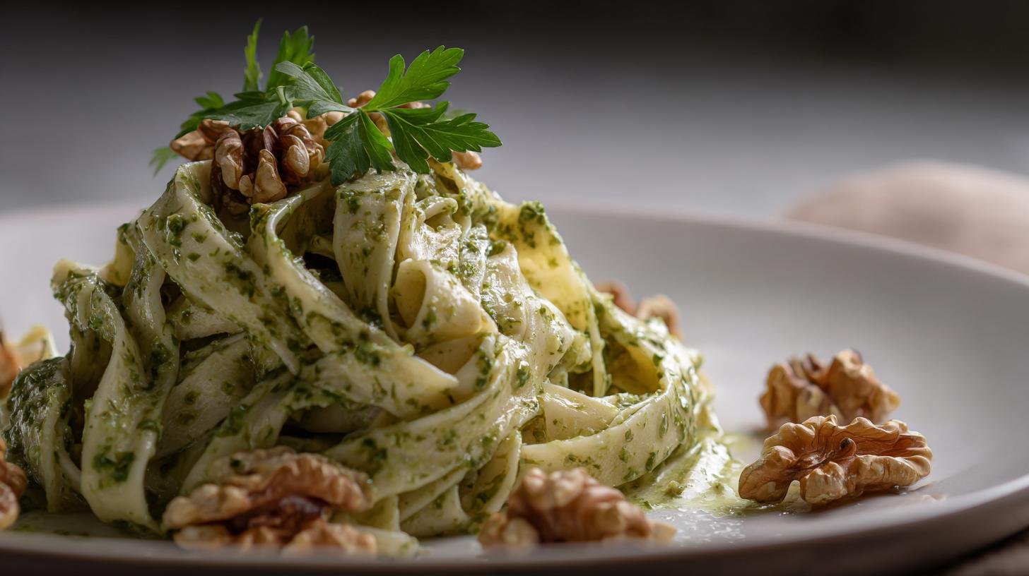 Tagliatelle al pesto e noci con risultato cremoso sorprendente