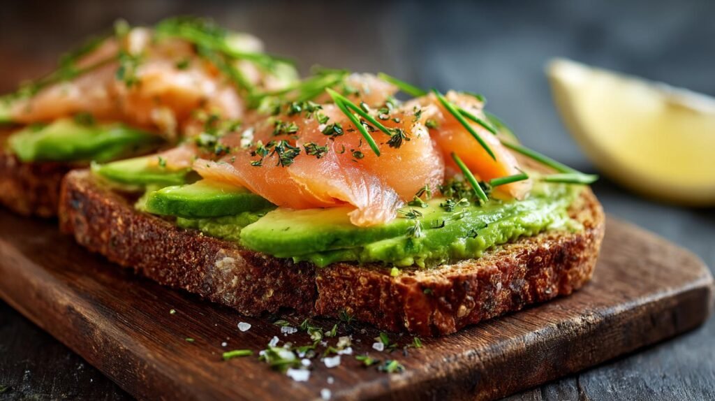 Tartine con salmone e avocado per gusto fresco casalingo