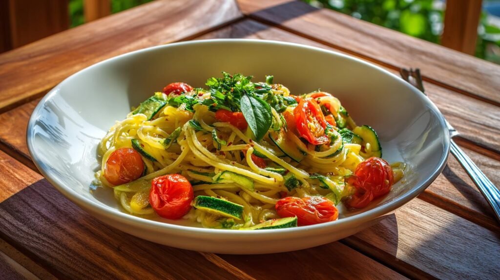 Spaghetti con zucchine e pomodorini per pranzo veloce e gustoso