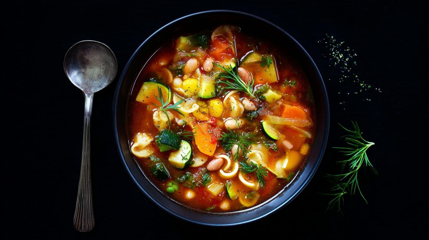 Minestrone di verdure con pasta e legumi per pranzo sano