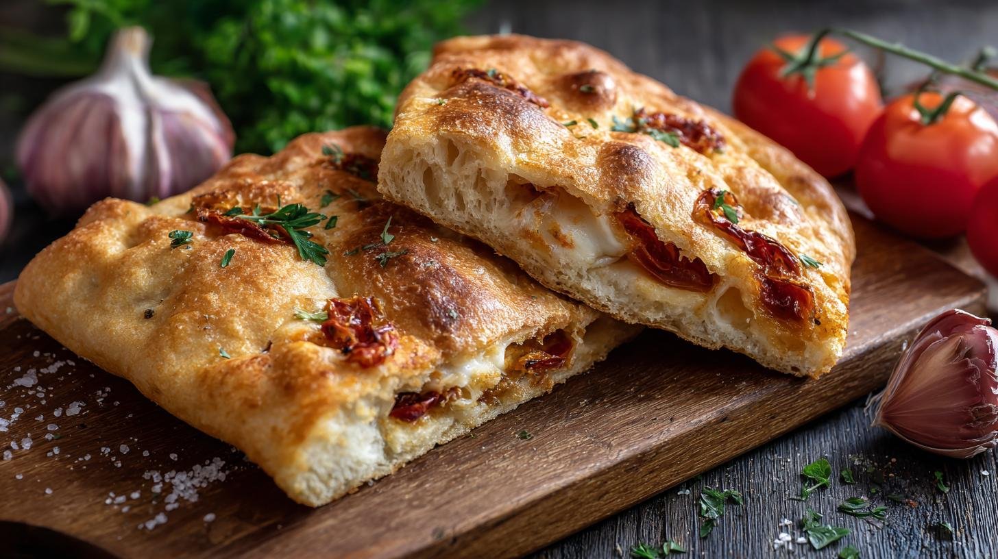 Focaccia ripiena di pomodoro e mozzarella per snack casalingo