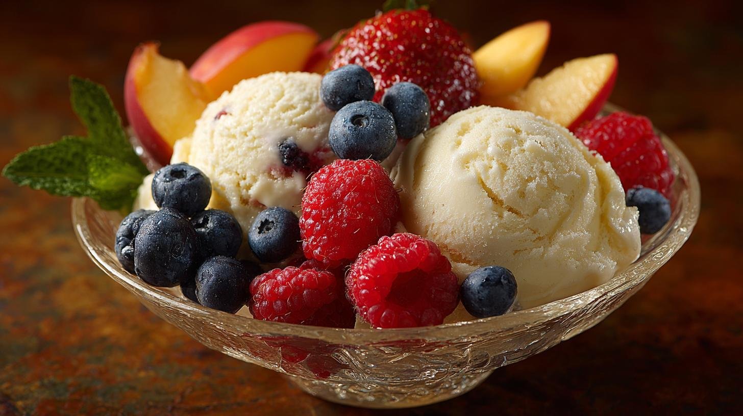 Gelato alla vaniglia e frutta fresca per dessert estivo veloce