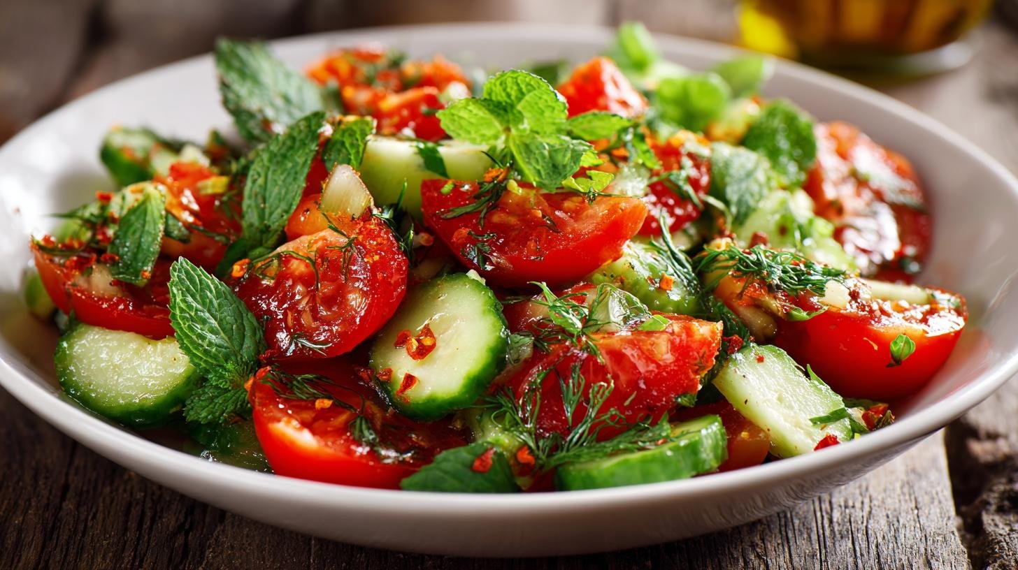 Insalata di pomodori e cetrioli con erbe aromatiche fresche